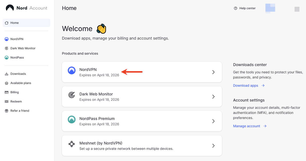 nordvpn dashboard