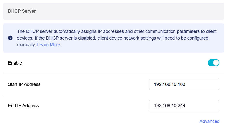 iot network dhcp simple settings