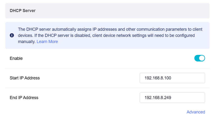 main network dhcp simple settings