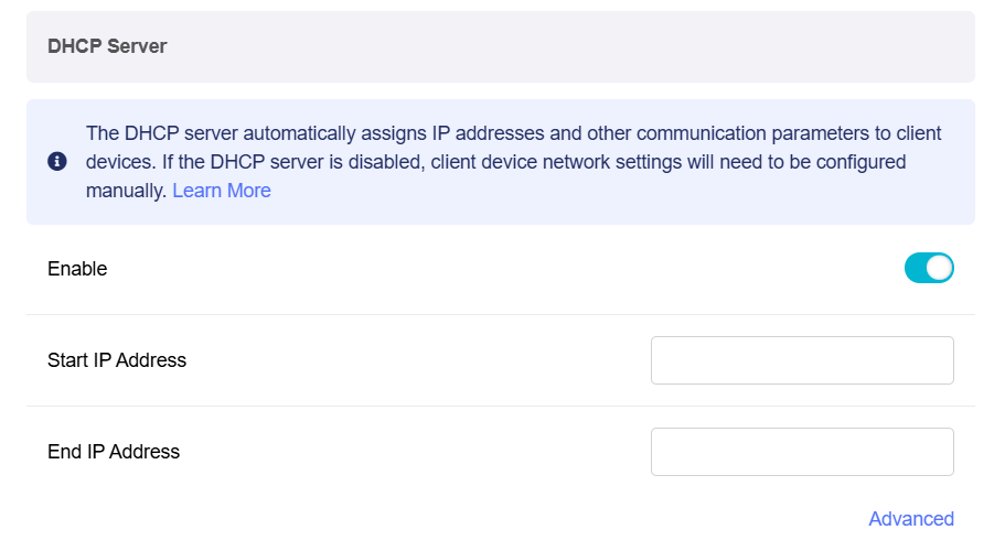 vlan networks dhcp simple settings