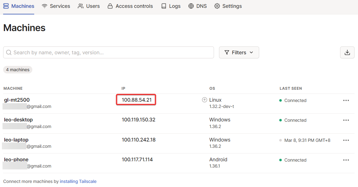 tailscale admin console