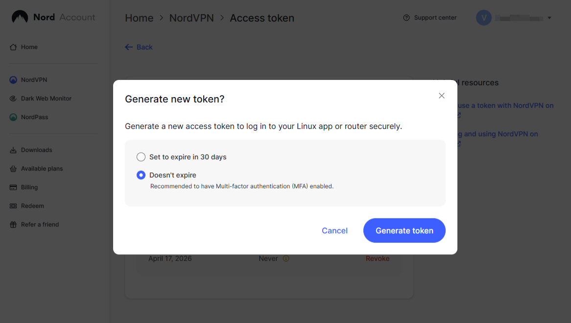 nordvpn token