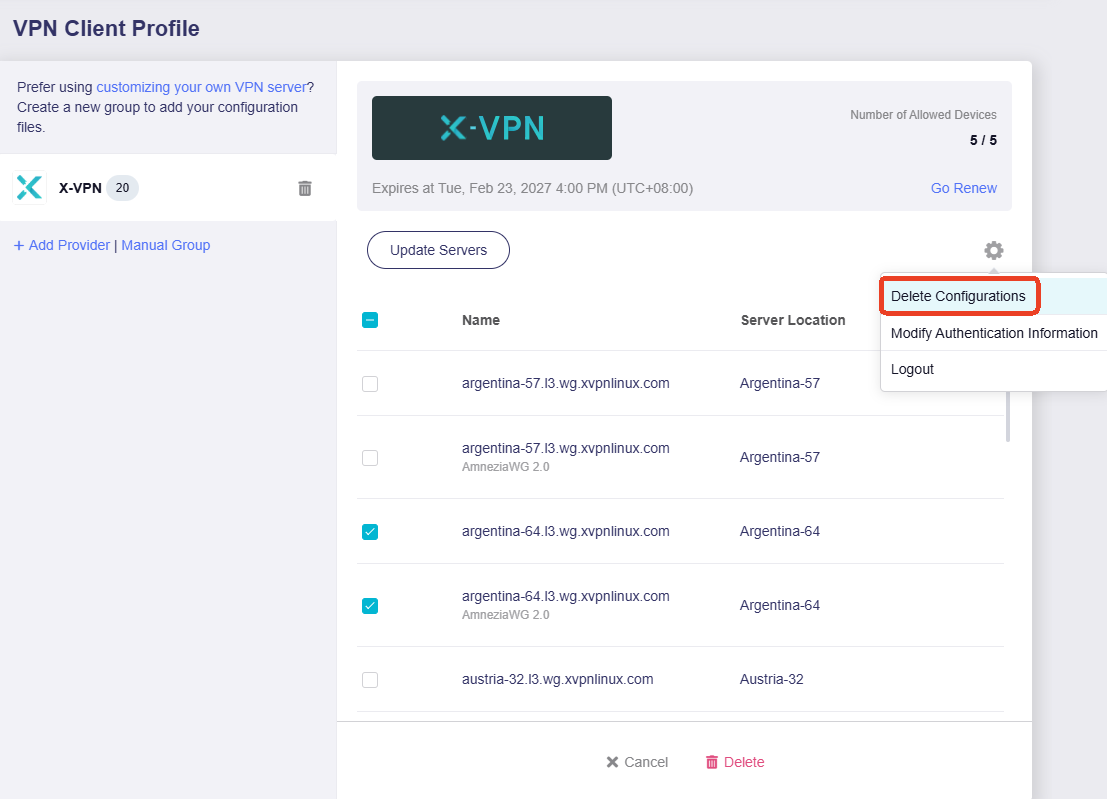 xvpn delete