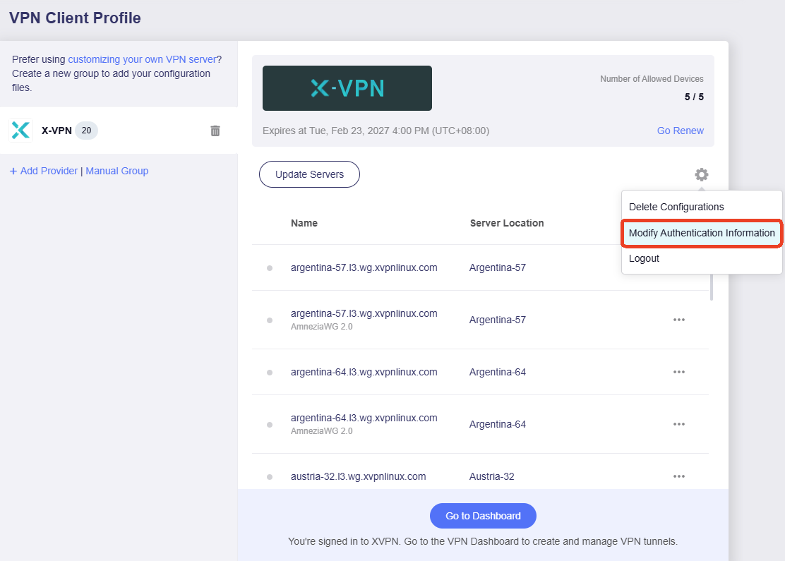 xvpn edit credential