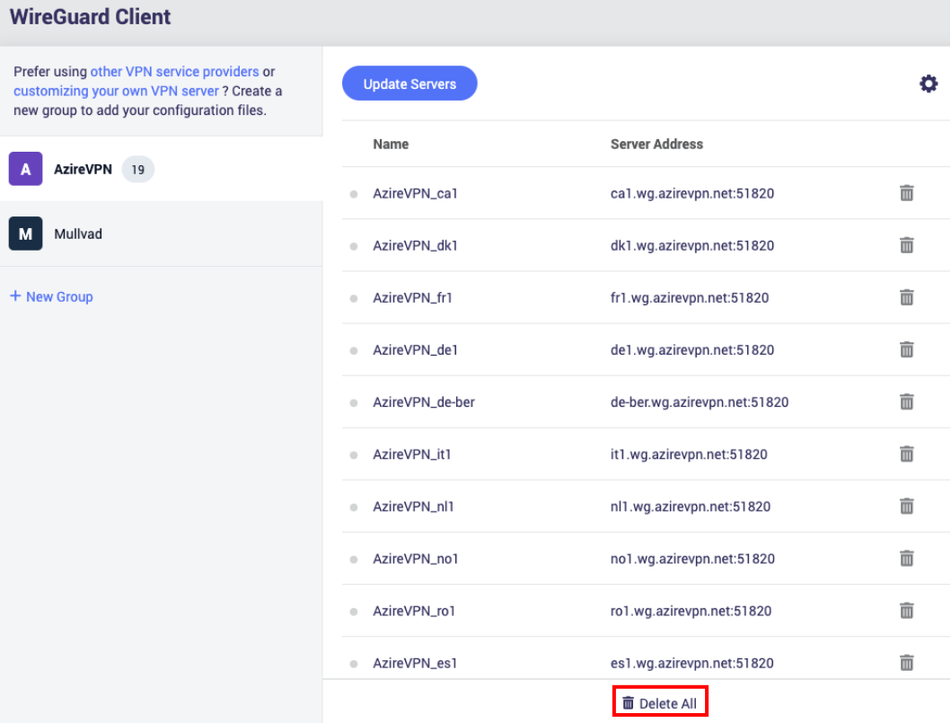 Видалення всіх конфігурацій AzireVPN