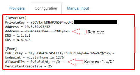 startvpn wireguard configuration remove ipv6 content