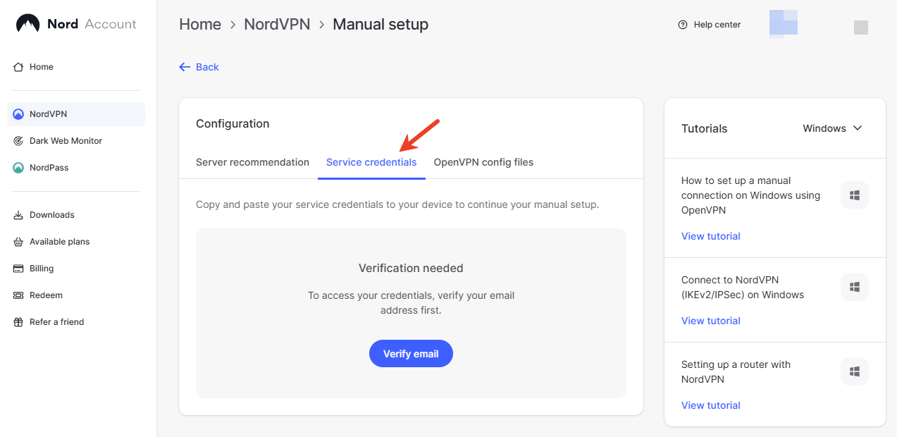 nordvpn service credential