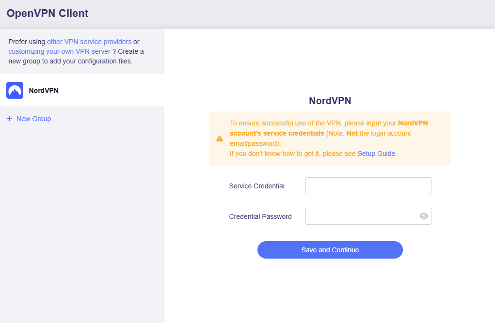 input nordvpn service credentials