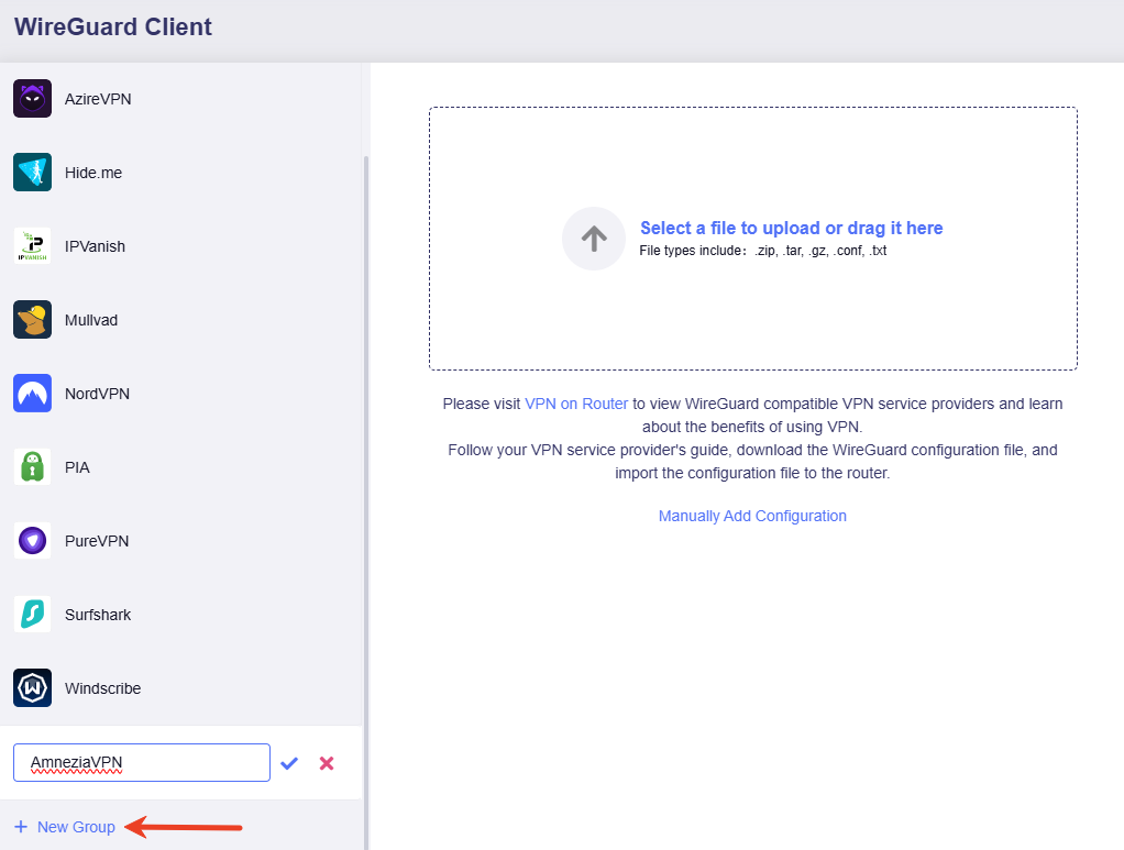 client amnezia add a group