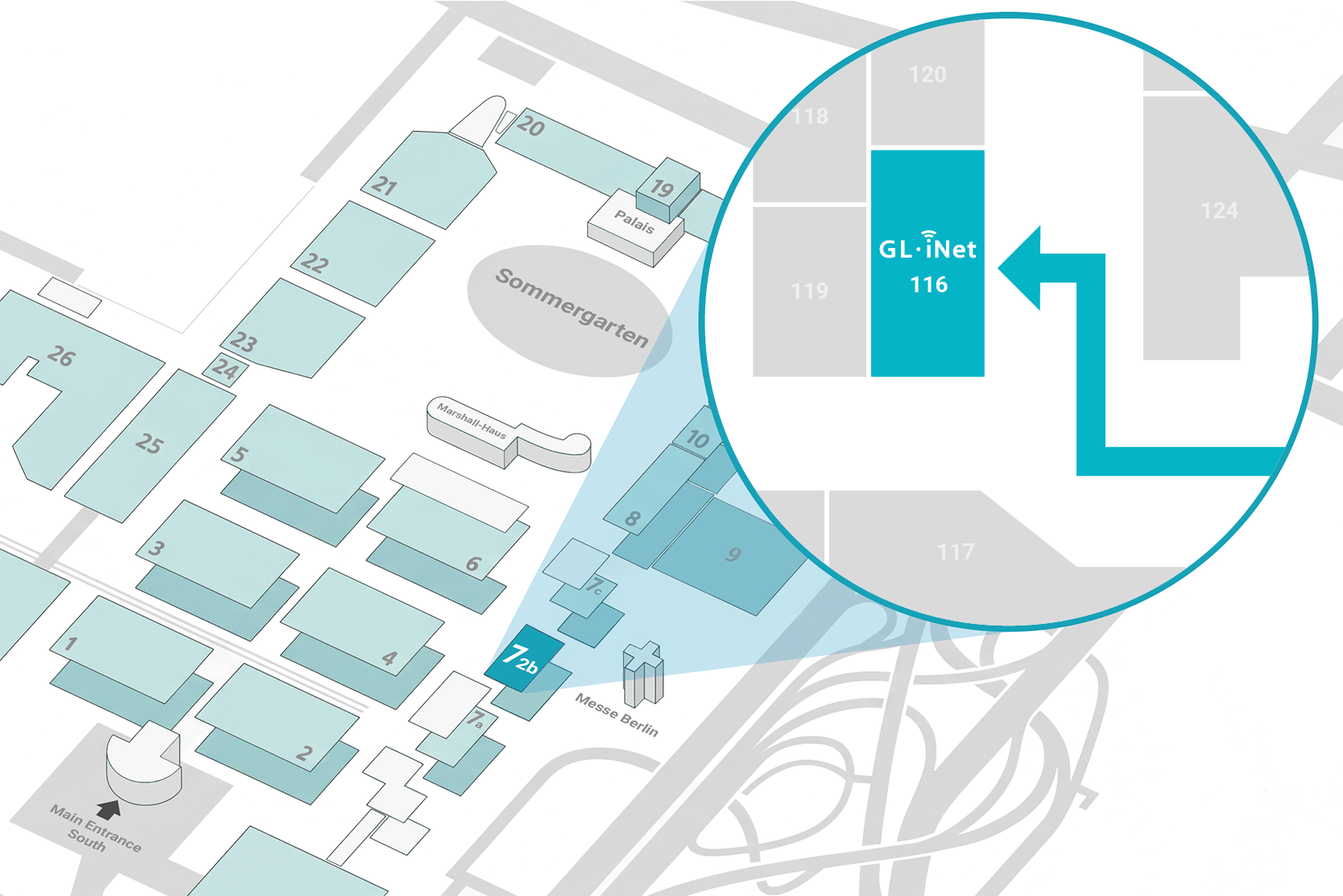 IFA 2026 exhibition map showing GL.iNet booth at Hall 7.2b-116
