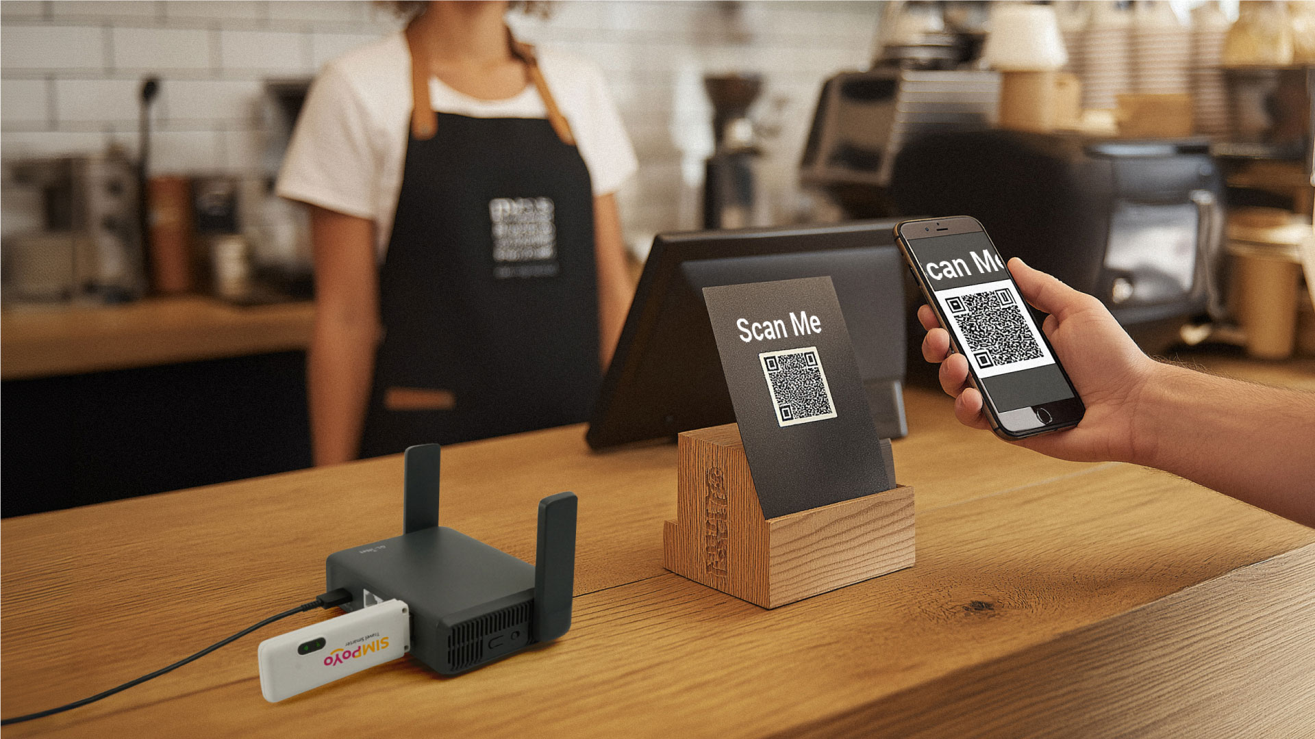 SIMPoYo uFi providing internet in a short-term rental or pop-up location, shown in a flexible working or retail setup