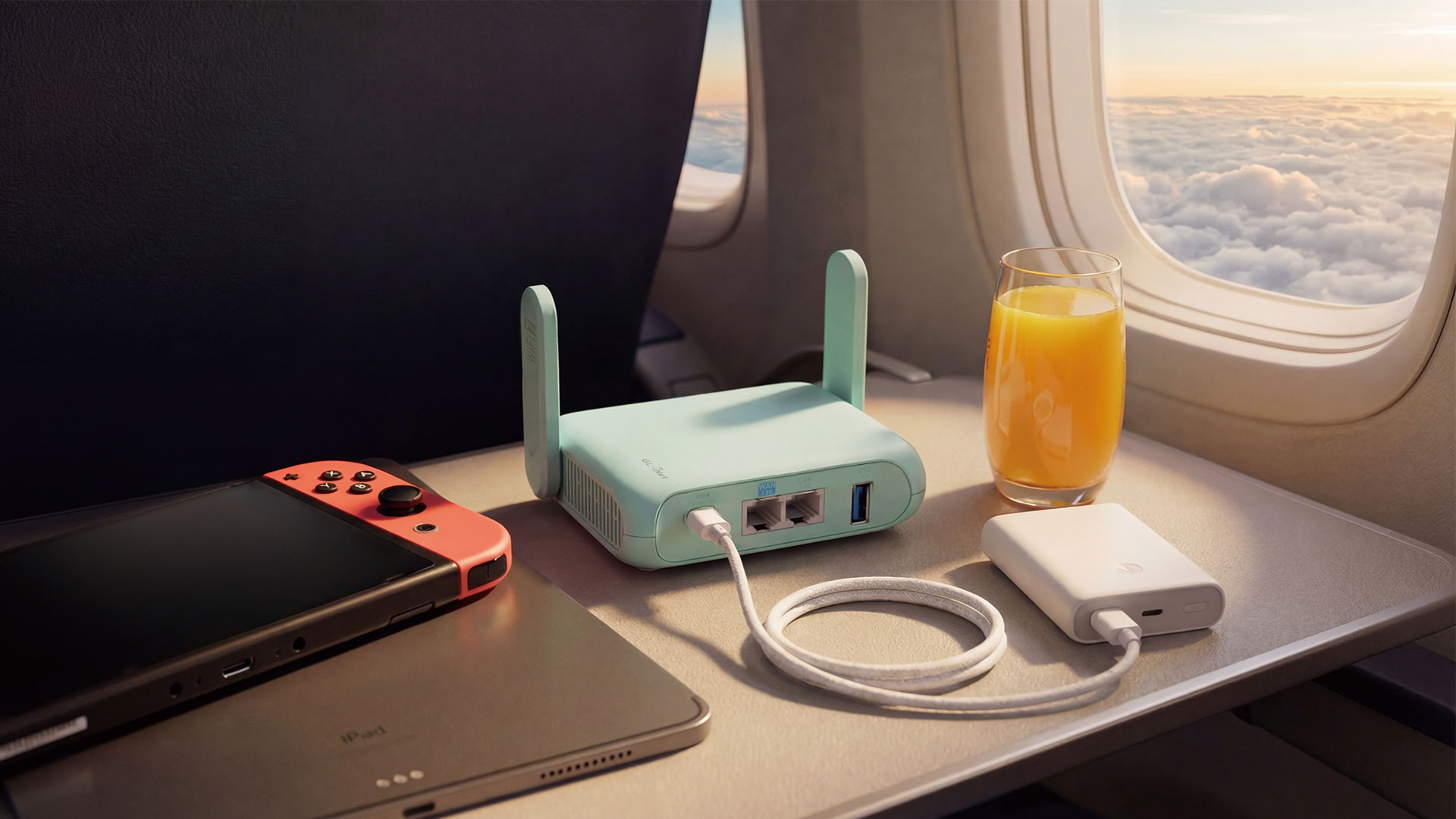 Beryl 7 (GL-MT3600BE) on an airplane tray table