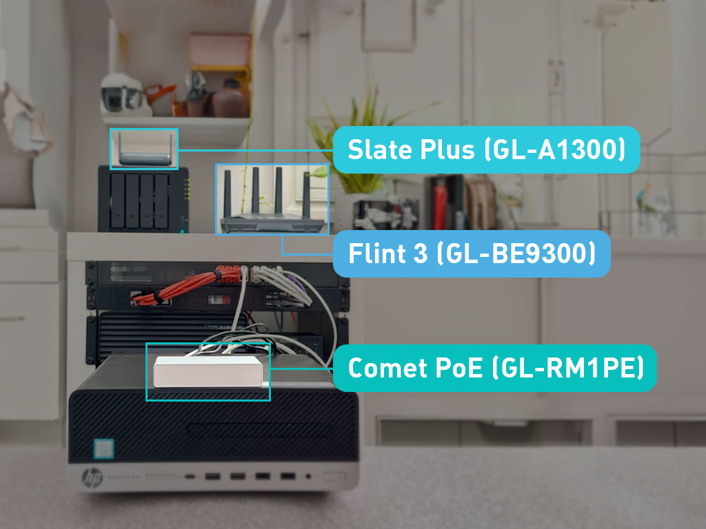 Comet PoE (GL-RM1PE) homelab setup with Slate Plus (GL-A1300) and Flint 3 (GL-BE9300) by beta tester