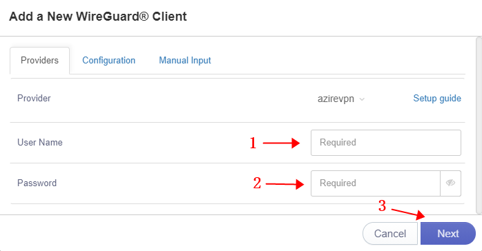 input azirevpn credential