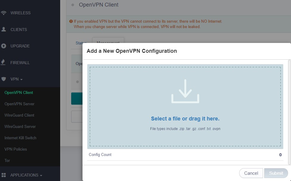 new openvpn configuration dialog