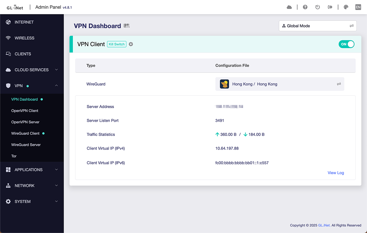 Screenshot of Global Mode setup in the VPN Dashboard.