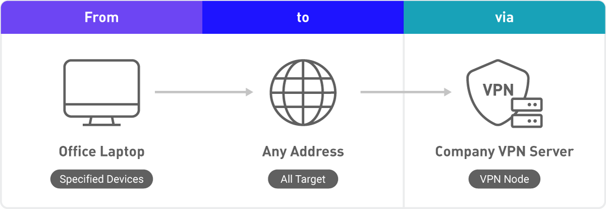 In Policy Mode, specified devices pass through a VPN tunnel when visiting specified websites.