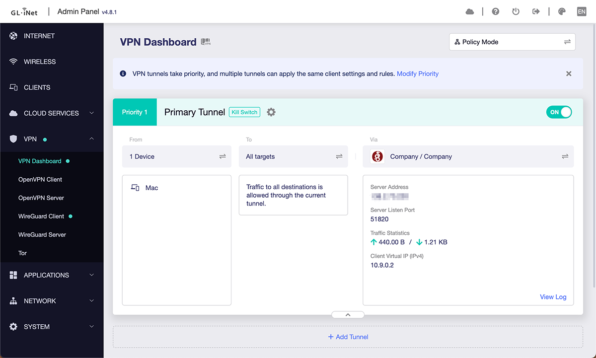 Screenshot of Policy Mode single-tunnel setup in VPN dashboard.