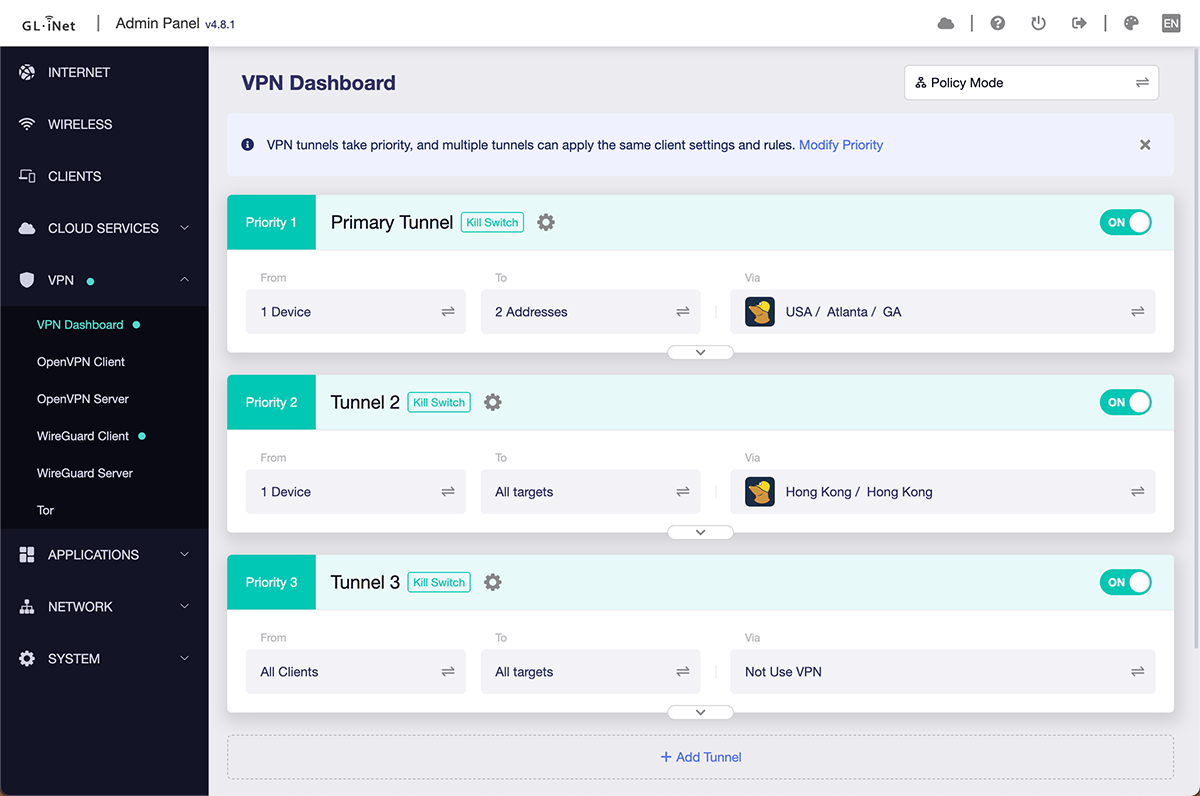 Screenshot of Policy Mode multi-tunnel setup in VPN dashboard.