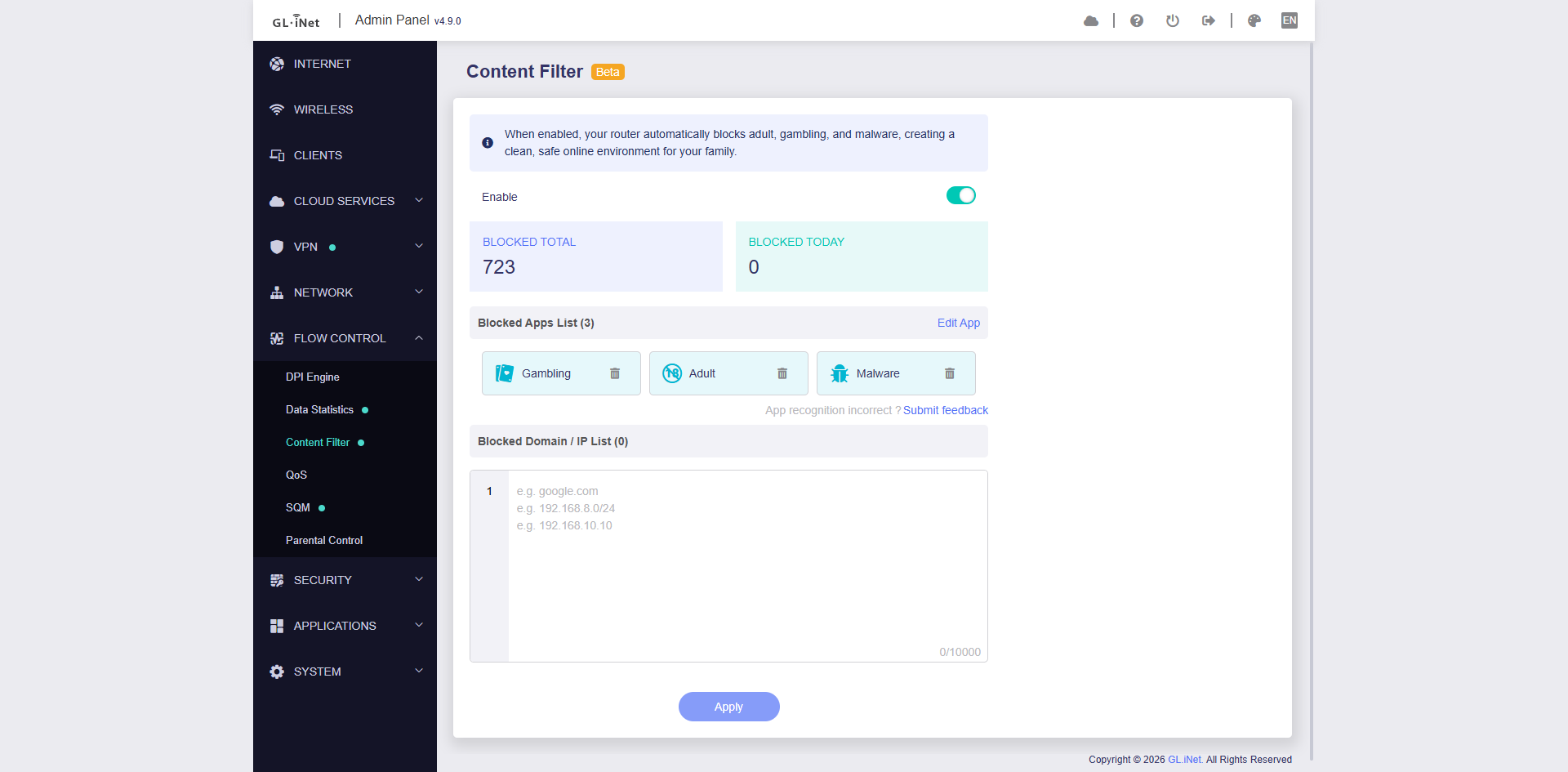 DPI-powered Content Filtering blocks unwanted content at the application level.